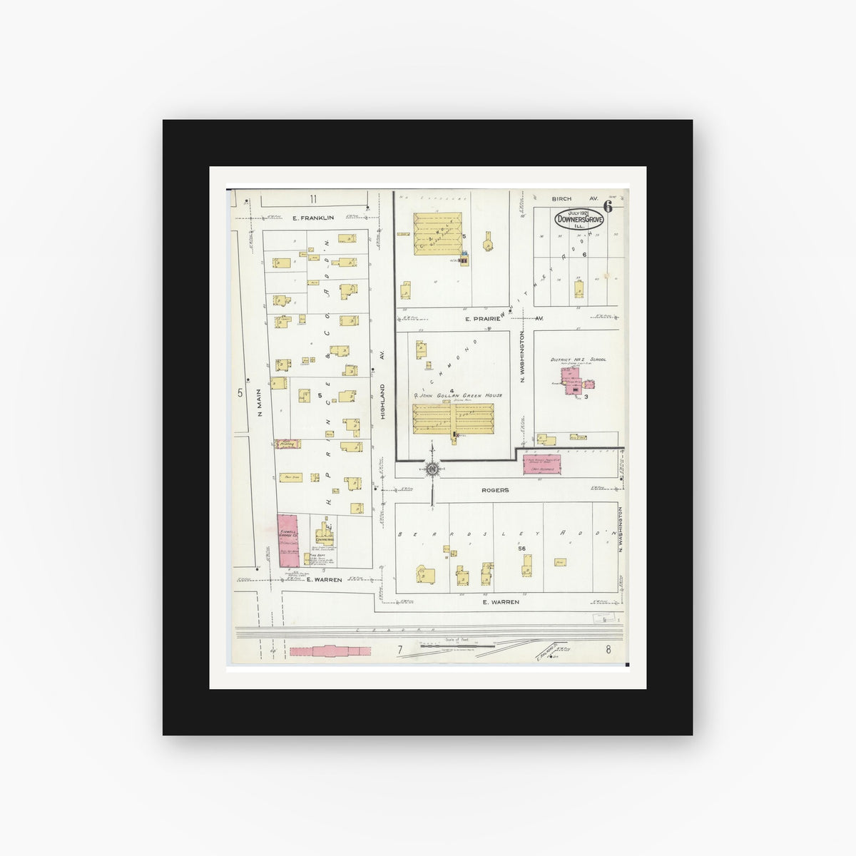 Old map wall art mockup β black gallery frame with white mat β Sanborn Fire Insurance Map from Downers Grove, Dupage County, Illinois (1921), Sheet #0006