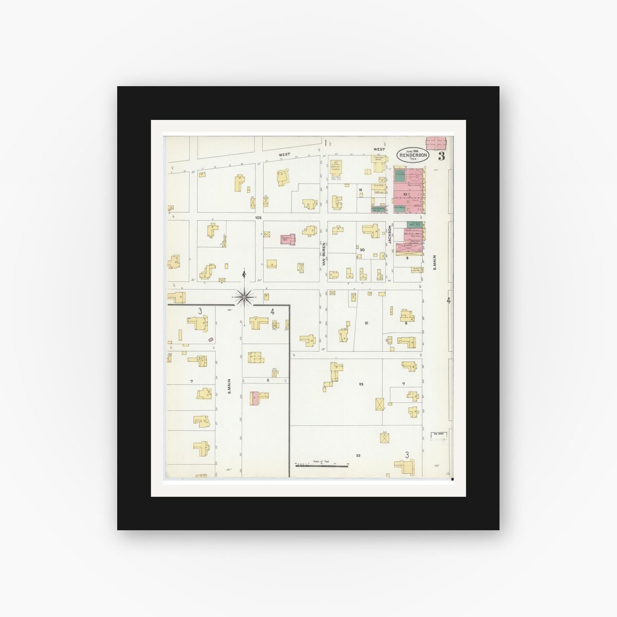 Old map wall art mockup — black gallery frame with white mat — Sanborn Fire Insurance Map from Henderson, Rusk County, Texas (1906), Sheet #0003