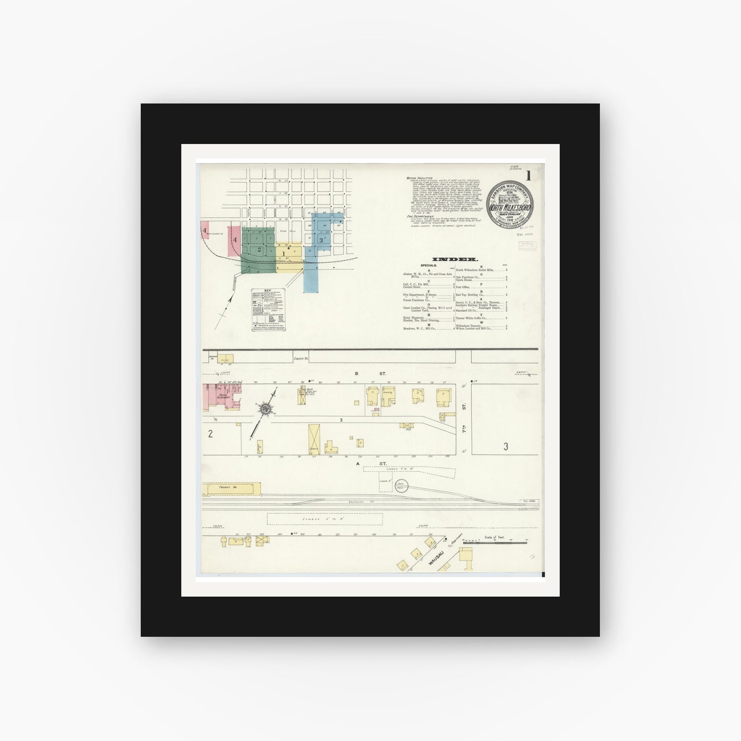 Old map wall art mockup — black gallery frame with white mat — Sanborn Fire Insurance Map from North Wilkesboro, Wilkes County, North Carolina (1910), Sheet #0001