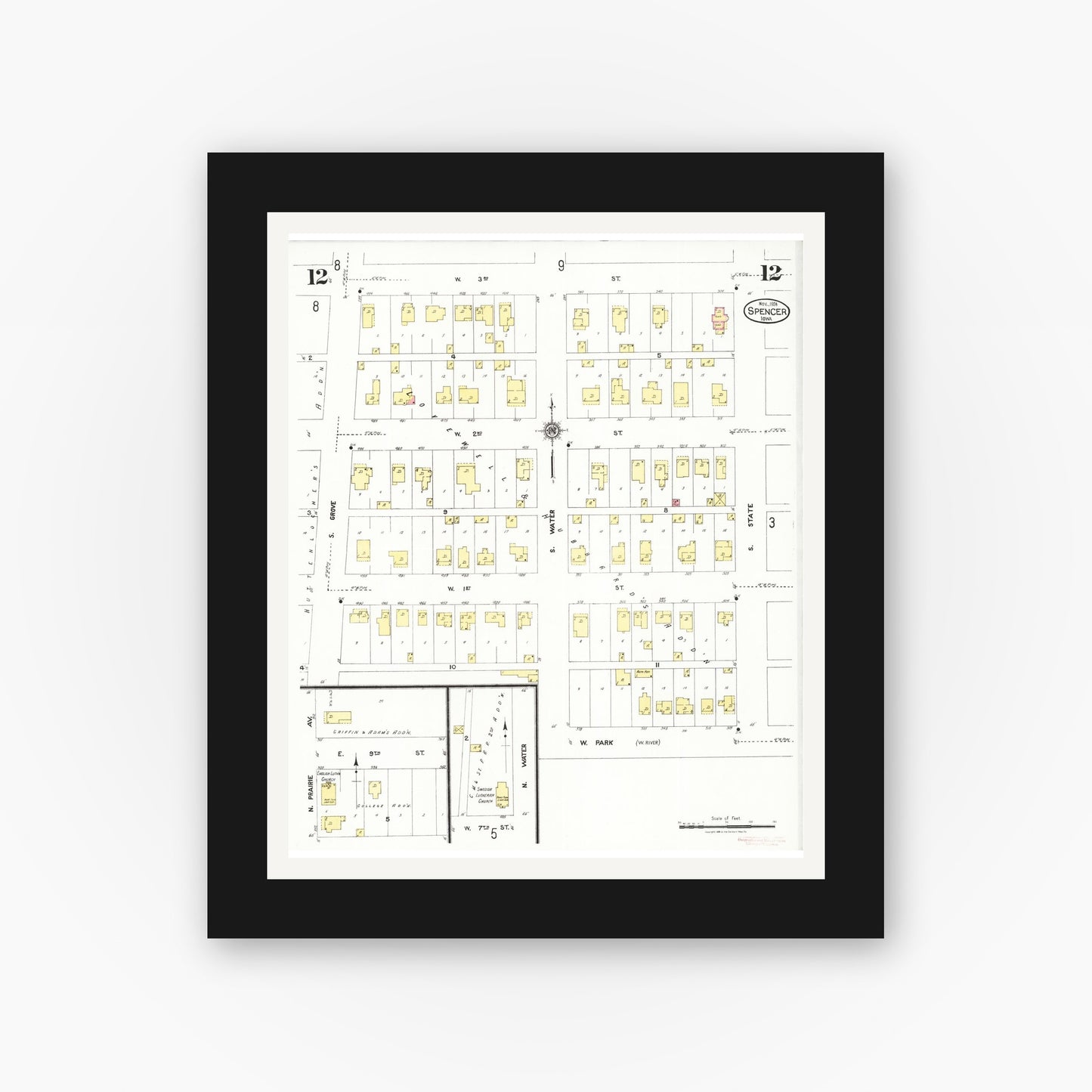 Old map wall art mockup — black gallery frame with white mat — Sanborn Fire Insurance Map from Spencer, Clay County, Iowa (1924), Sheet #0012
