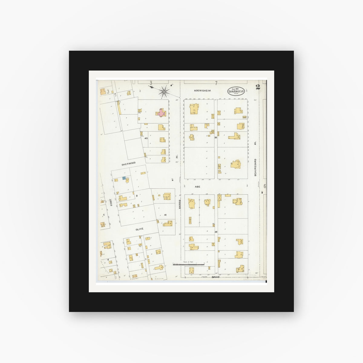 Old map wall art mockup — black gallery frame with white mat — Sanborn Fire Insurance Map from San Angelo, Tom Green County, Texas (1904), Sheet #0002