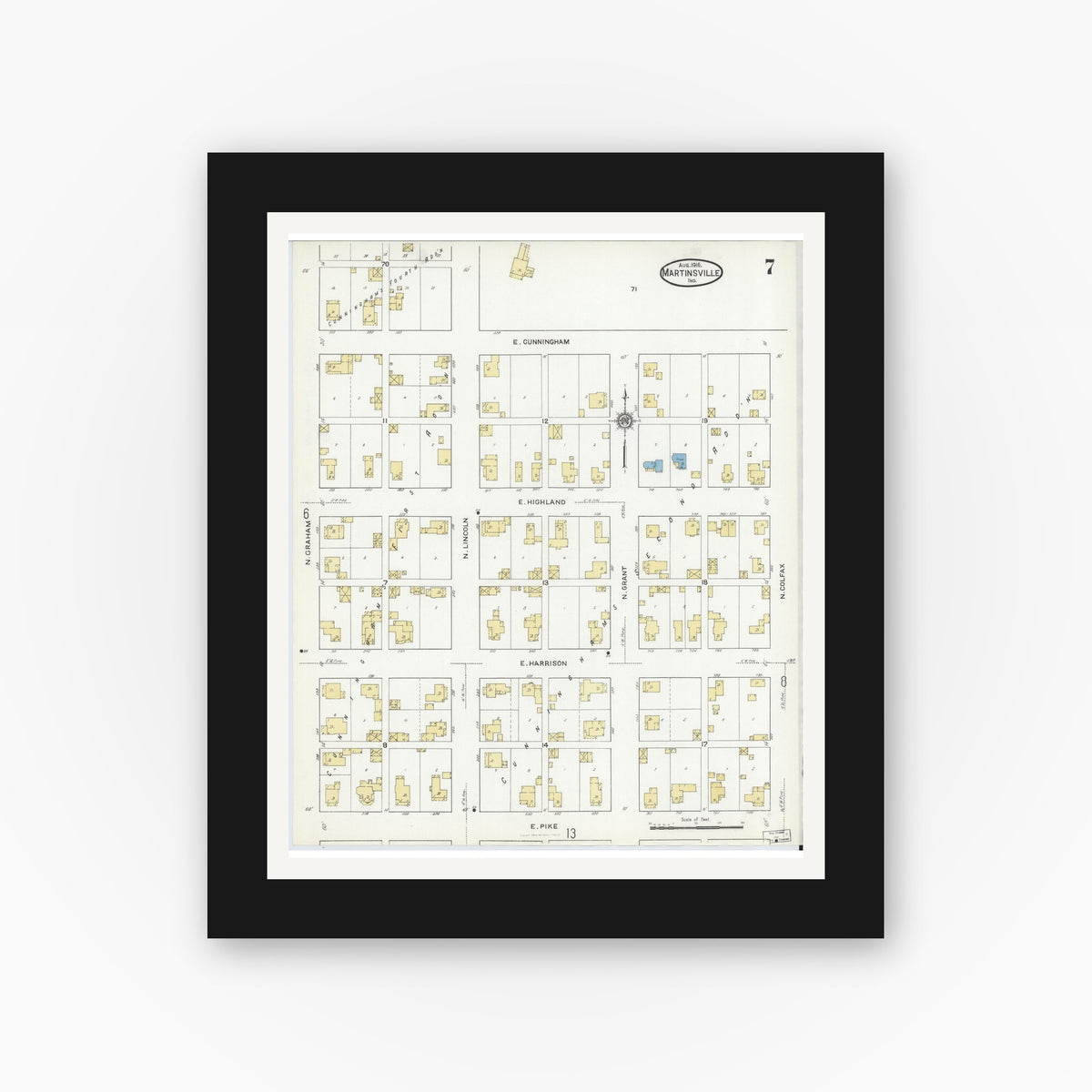 Old map wall art mockup — black gallery frame with white mat — Sanborn Fire Insurance Map from Martinsville, Morgan County, Indiana (1916), Sheet #0007