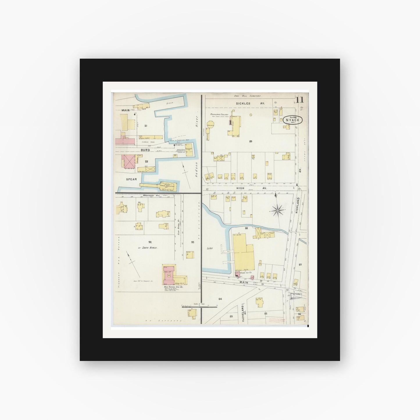 Old map wall art mockup — black gallery frame with white mat — Sanborn Fire Insurance Map from Nyack, Rockland County, New York. (1896), Sheet #0011