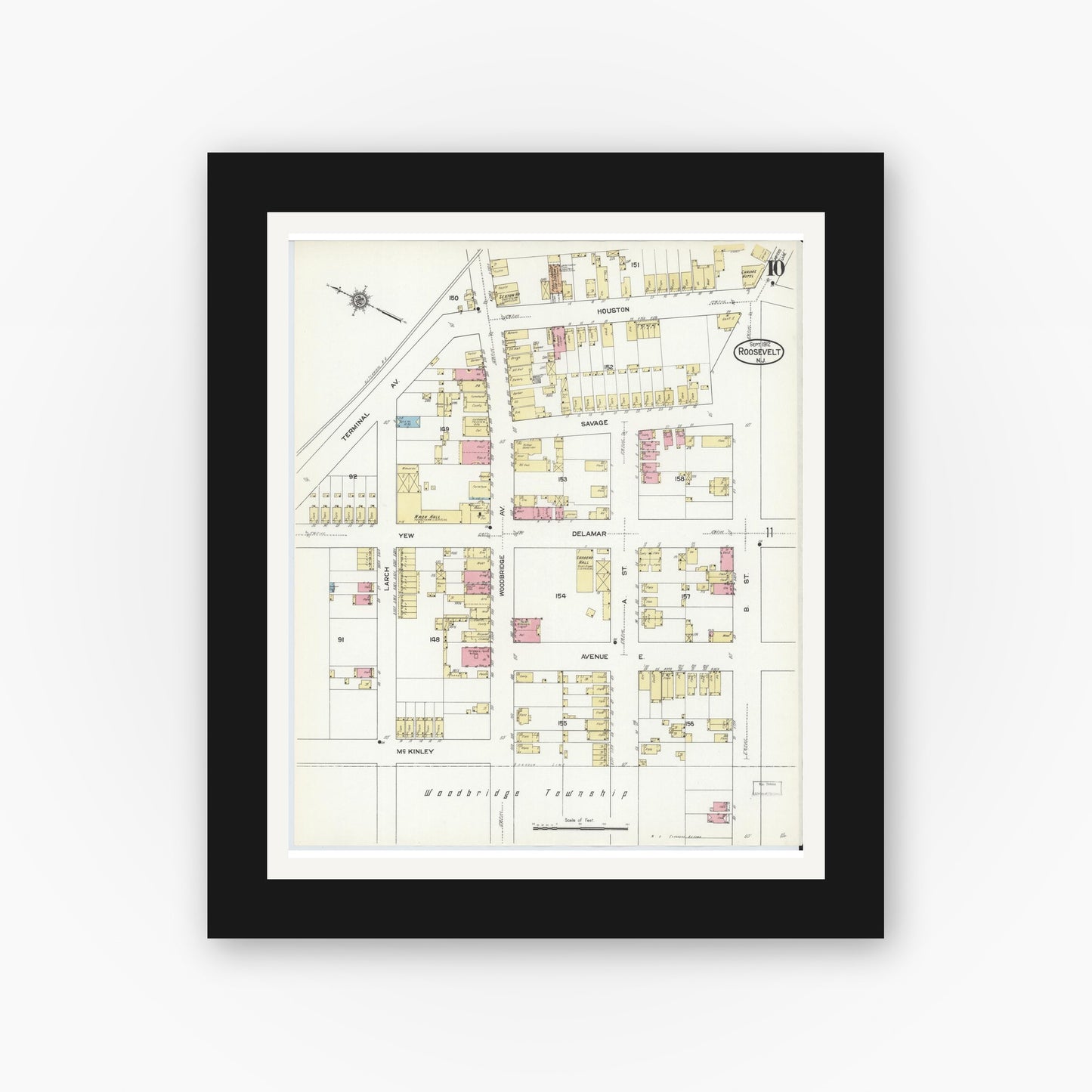 Old map wall art mockup — black gallery frame with white mat — Sanborn Fire Insurance Map from Roosevelt, Middlesex County, New Jersey (1912), Sheet #0010