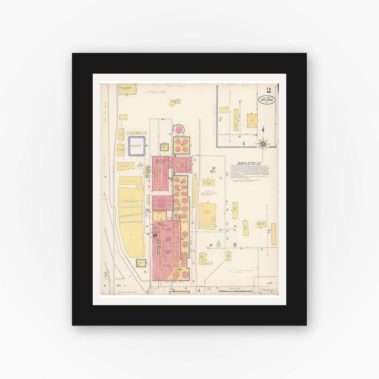 Old map wall art mockup — black gallery frame with white mat — Sanborn Fire Insurance Map from Lincoln, Placer County, California (1910), Sheet #0002