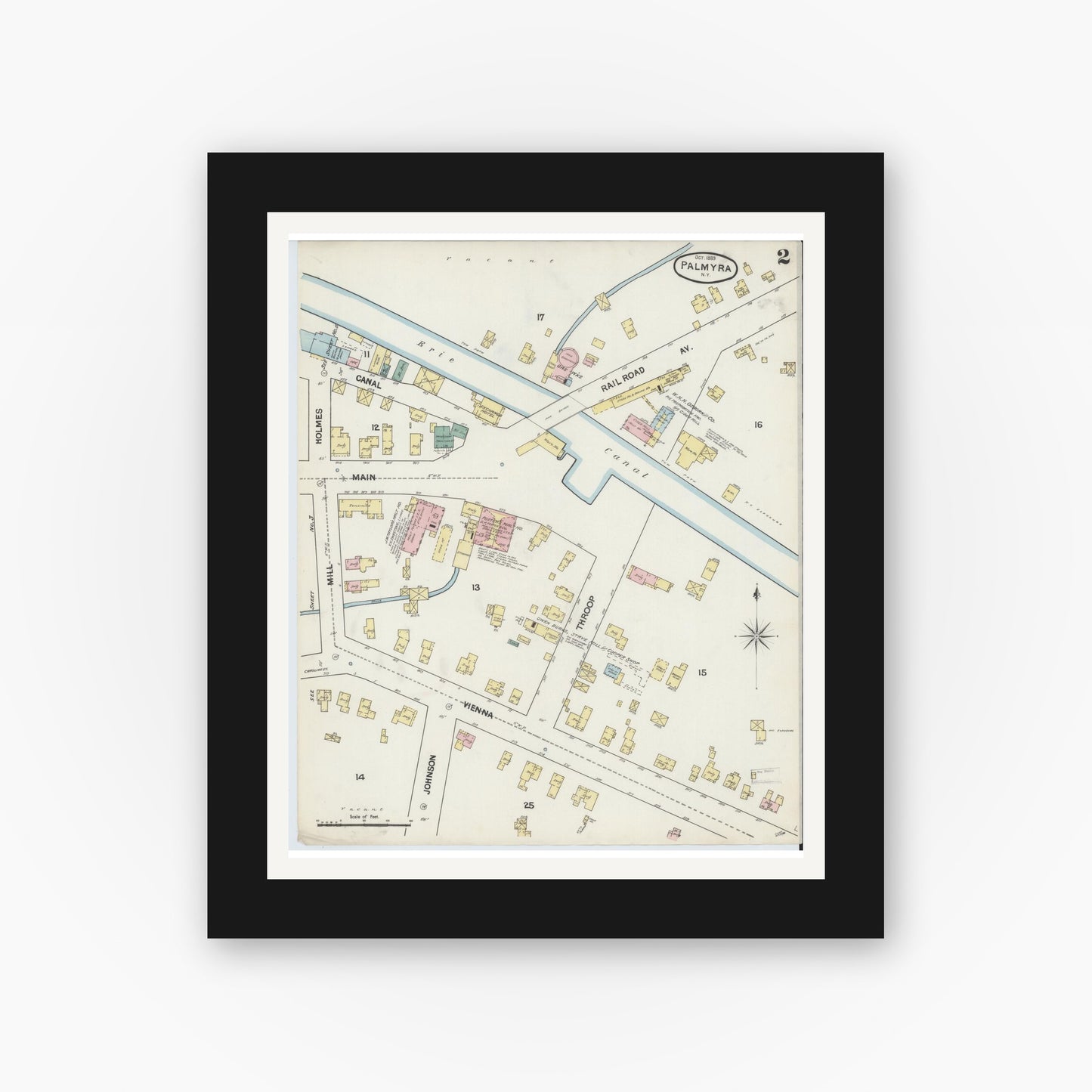 Old map wall art mockup — black gallery frame with white mat — Sanborn Fire Insurance Map from Palmyra, Wayne County, New York (1889) - Complete Map Set