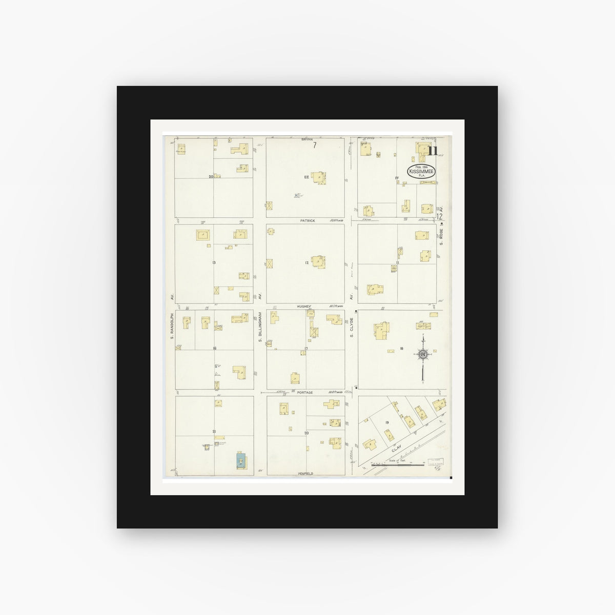 Old map wall art mockup — black gallery frame with white mat — Sanborn Fire Insurance Map from Kissimmee, Osceola County, Florida (1914), Sheet #0011