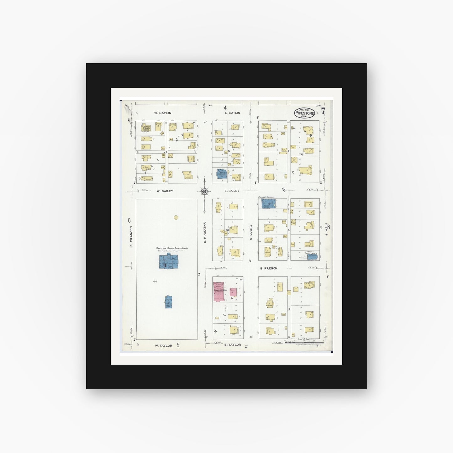Old map wall art mockup — black gallery frame with white mat — Sanborn Fire Insurance Map from Pipestone, Pipestone County, Minnesota (1921), Sheet #0007
