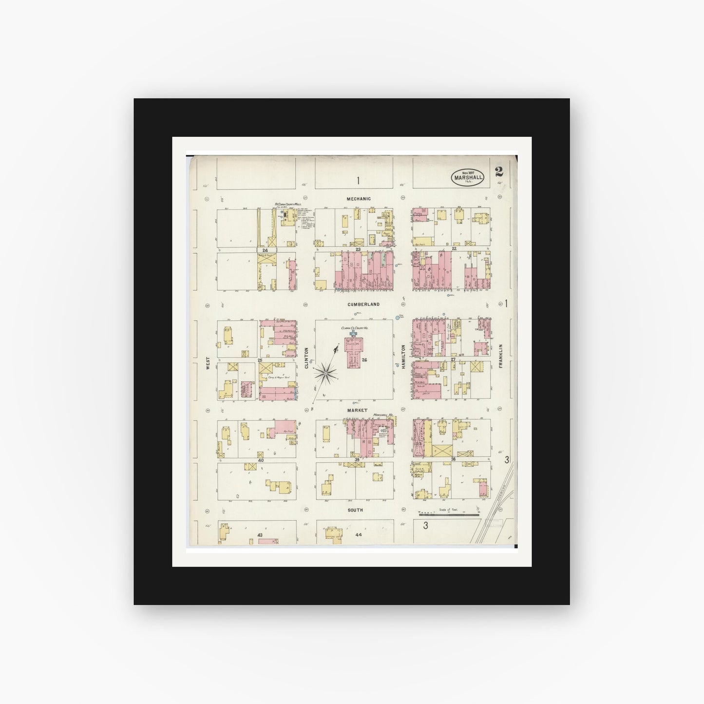 Old map wall art mockup — black gallery frame with white mat — Sanborn Fire Insurance Map from Marshall, Clark County, Illinois (1897), Sheet #0002