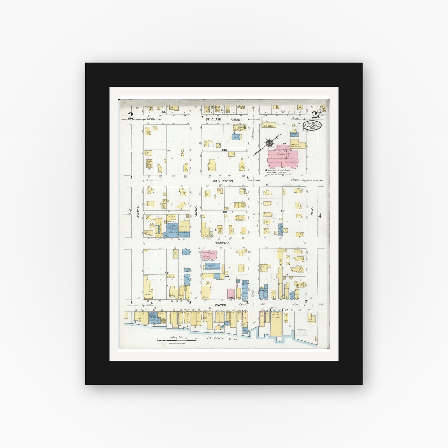 Old map wall art mockup — black gallery frame with white mat — Sanborn Fire Insurance Map from Algonac, Saint Clair County, Michigan (1924), Sheet #0002