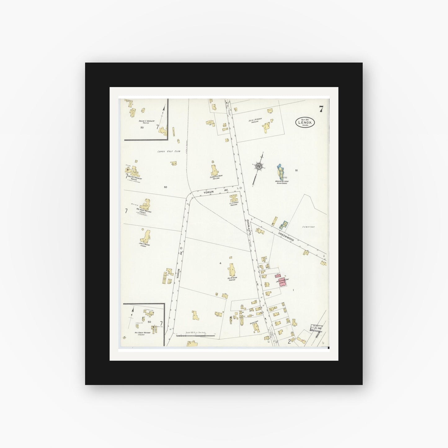 Old map wall art mockup — black gallery frame with white mat — Sanborn Fire Insurance Map from Lenox, Berkshire County, Massachusetts (1911), Sheet #0007