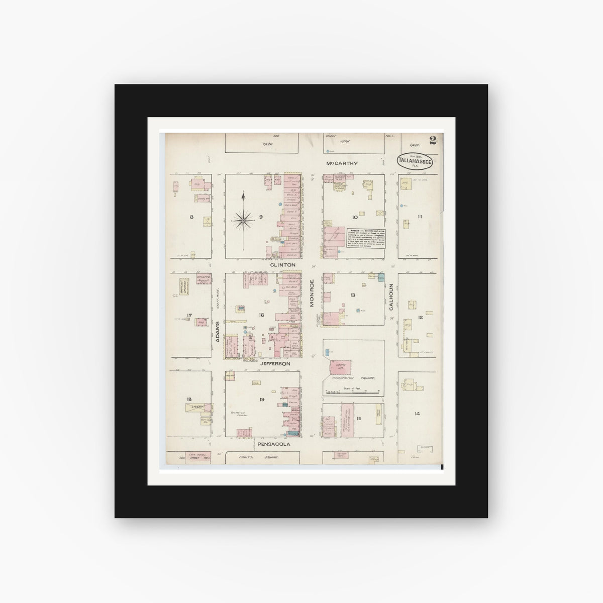 Old map wall art mockup — black gallery frame with white mat — Sanborn Fire Insurance Map from Tallahassee, Leon County, Florida (1884), Sheet #0002
