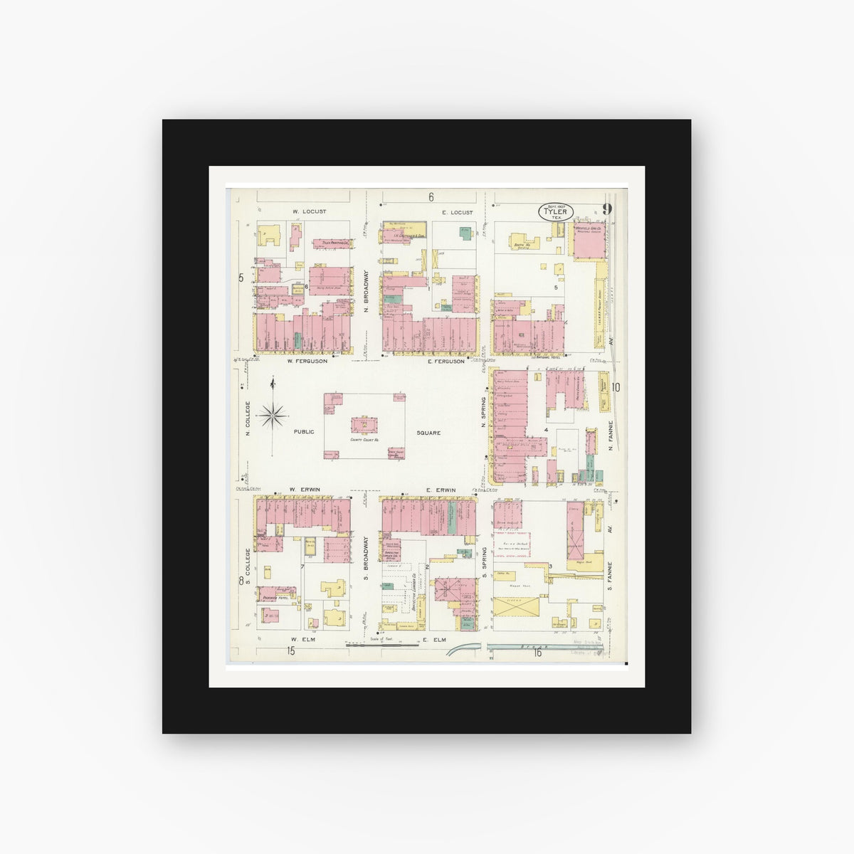 Old map wall art mockup — black gallery frame with white mat — Sanborn Fire Insurance Map from Tyler, Smith County, Texas (1907), Sheet #0009