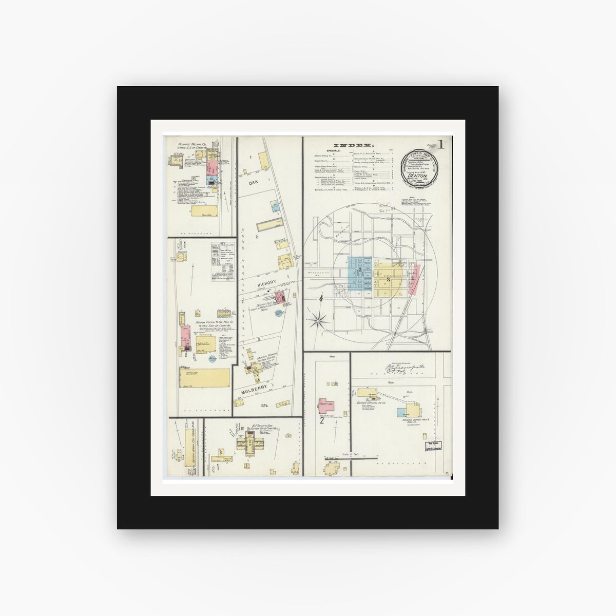 Old map wall art mockup — black gallery frame with white mat — Sanborn Fire Insurance Map from Denton, Denton County, Texas (1896) - Complete Map Set