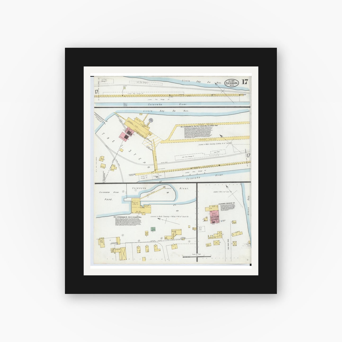 Old map wall art mockup — black gallery frame with white mat — Sanborn Fire Insurance Map from Escanaba, Delta County, Michigan (1899), Sheet #0017