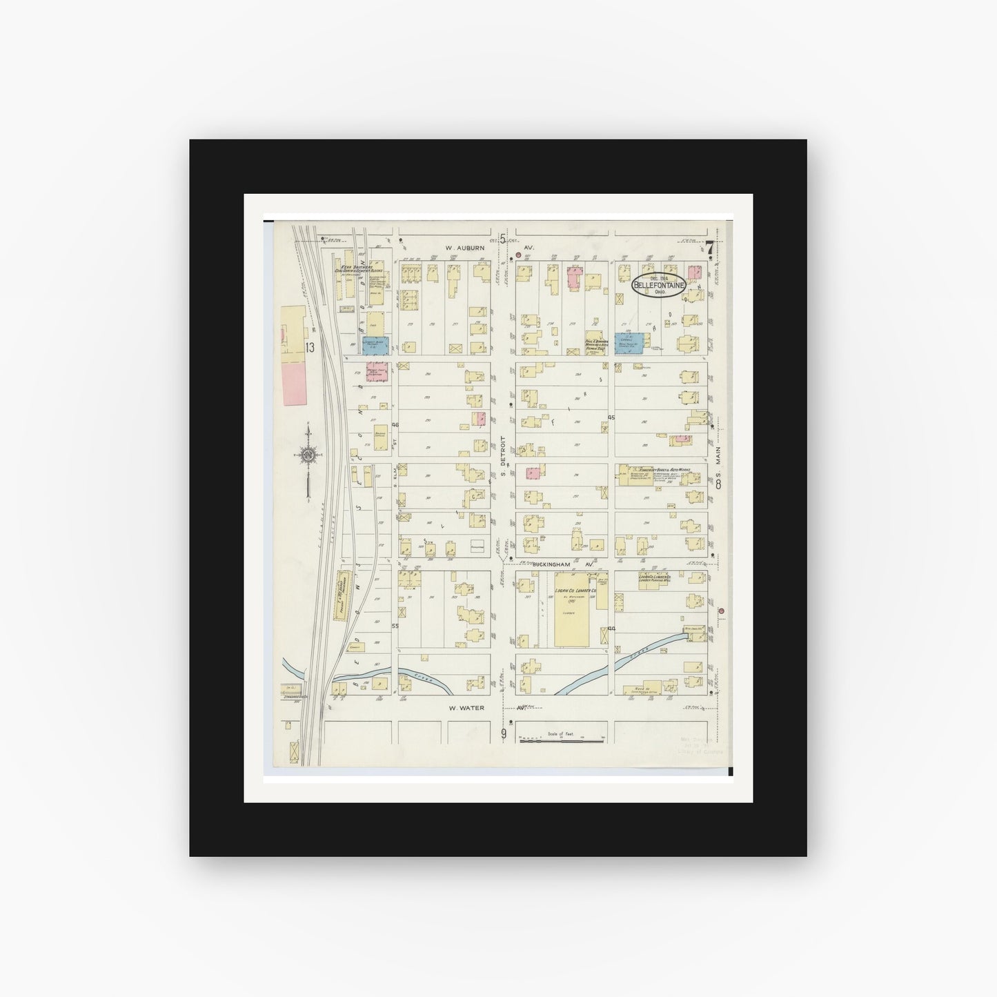 Old map wall art mockup — black gallery frame with white mat — Sanborn Fire Insurance Map from Bellefontaine, Logan County, Ohio (1914), Sheet #0007