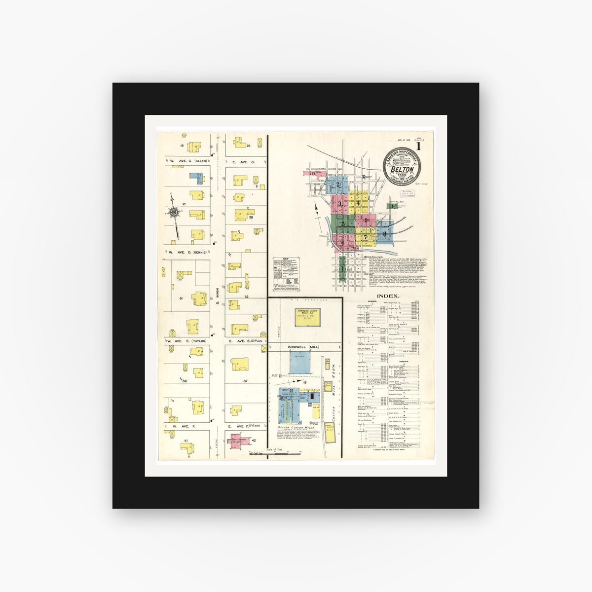Old map wall art mockup — black gallery frame with white mat — Sanborn Fire Insurance Map from Belton, Bell County, Texas (1912), Sheet #0001