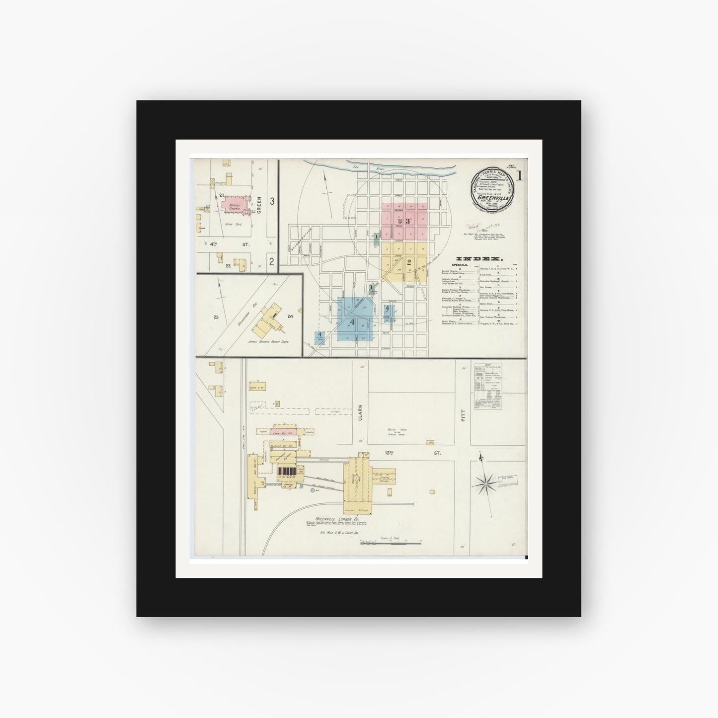 Old map wall art mockup — black gallery frame with white mat — Sanborn Fire Insurance Map from Greenville, Pitt County, North Carolina (1896) - Complete Map Set