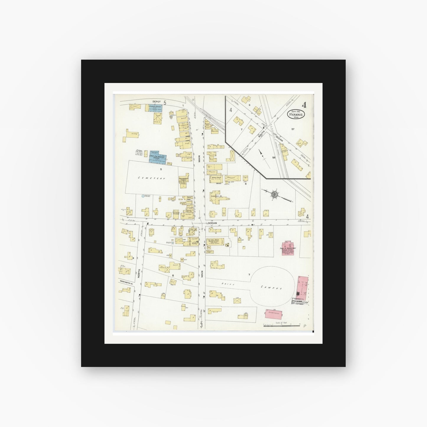 Old map wall art mockup — black gallery frame with white mat — Sanborn Fire Insurance Map from Hyannis, Barnstable County, Massachusetts (1912), Sheet #0004