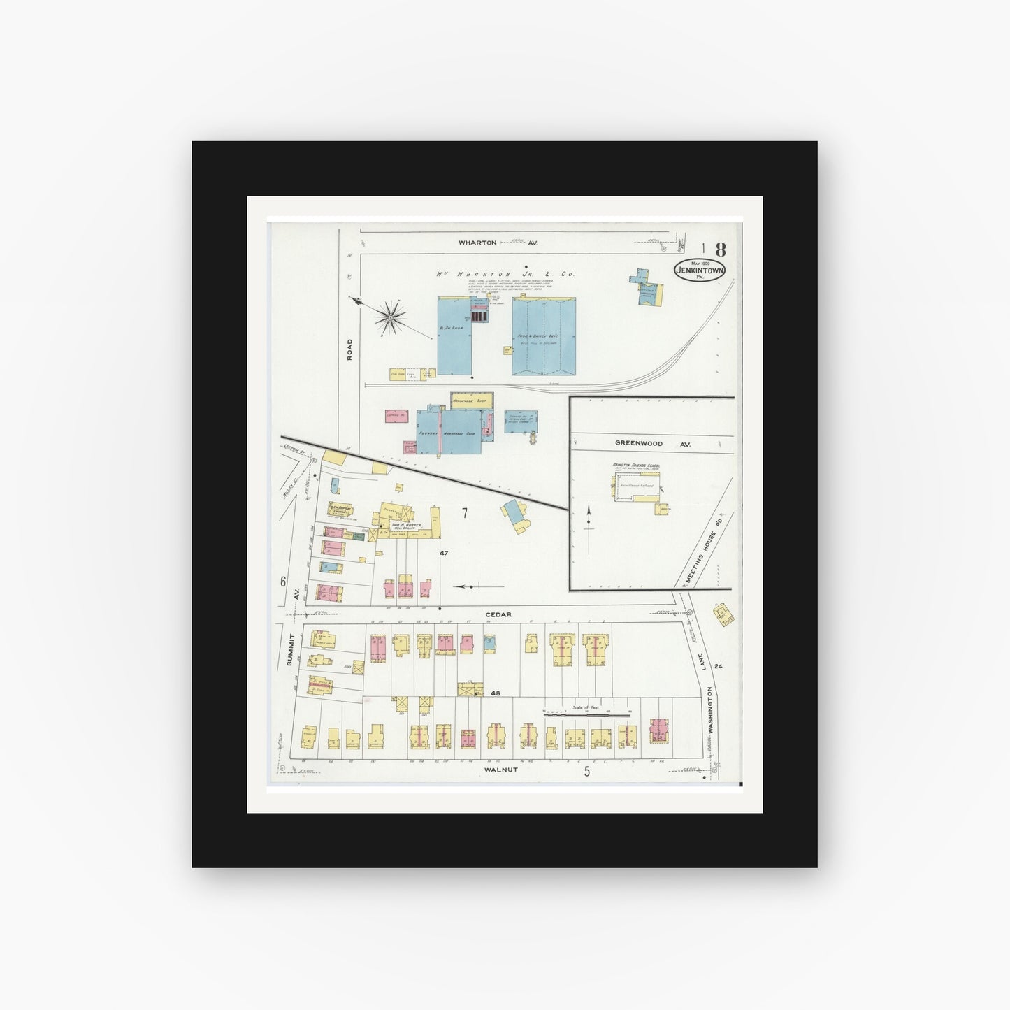 Old map wall art mockup — black gallery frame with white mat — Sanborn Fire Insurance Map from Jenkintown, Montgomery County, Pennsylvania (1909), Sheet #0008