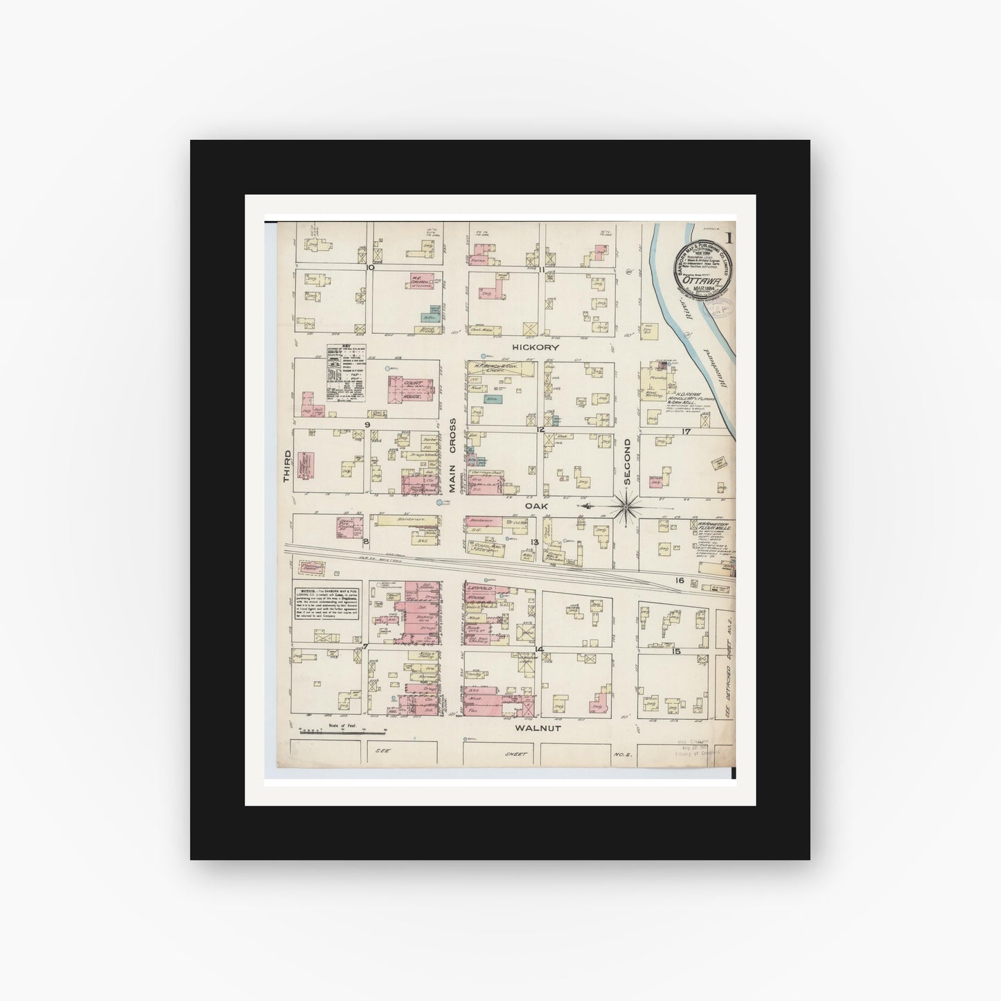 Old map wall art mockup — black gallery frame with white mat — Sanborn Fire Insurance Map from Ottawa, Putnam County, Ohio (1884), Sheet #0001