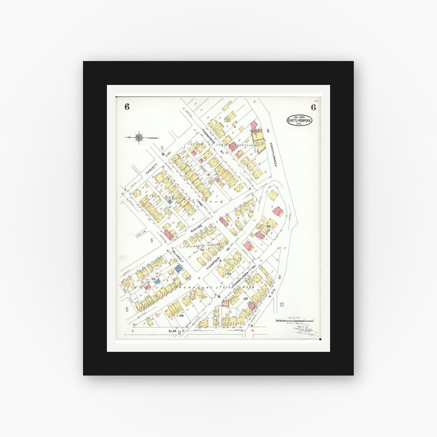 Old map wall art mockup — black gallery frame with white mat — Sanborn Fire Insurance Map from East Liverpool, Columbiana County, Ohio (1923), Sheet #0006