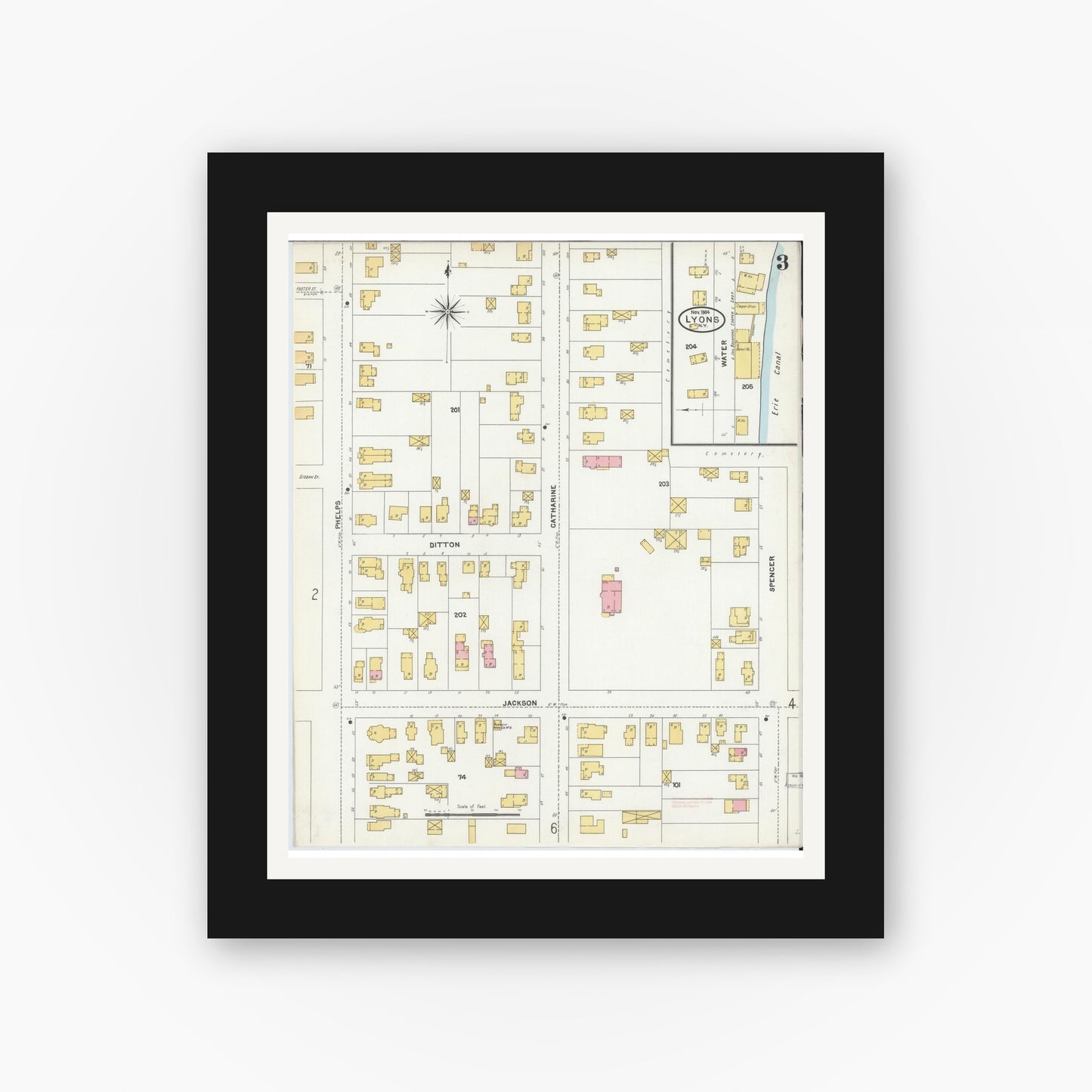 Old map wall art mockup — black gallery frame with white mat — Sanborn Fire Insurance Map from Lyons, Wayne County, New York (1904), Sheet #0003