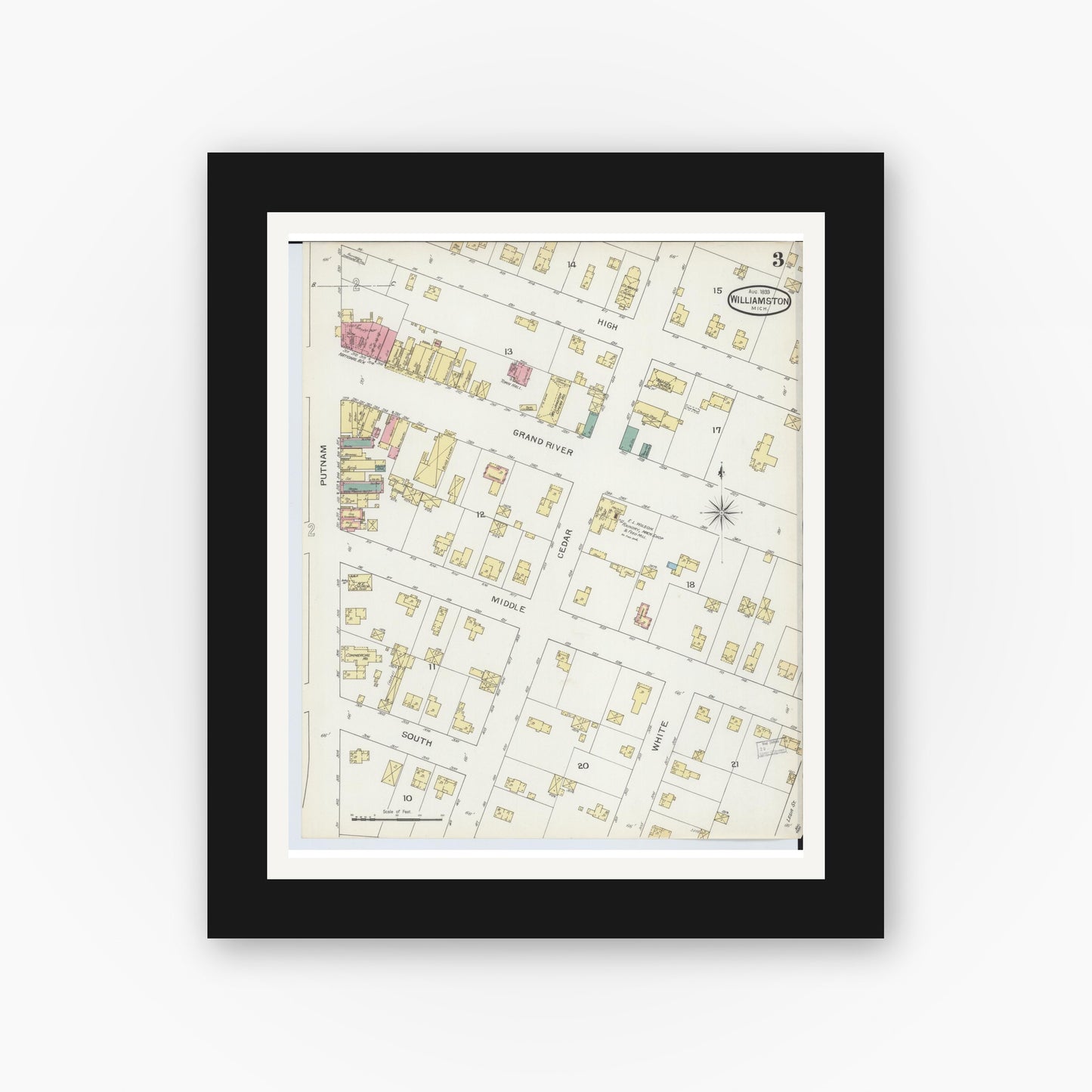 Old map wall art mockup — black gallery frame with white mat — Sanborn Fire Insurance Map from Williamston, Ingham County, Michigan (1893), Sheet #0003