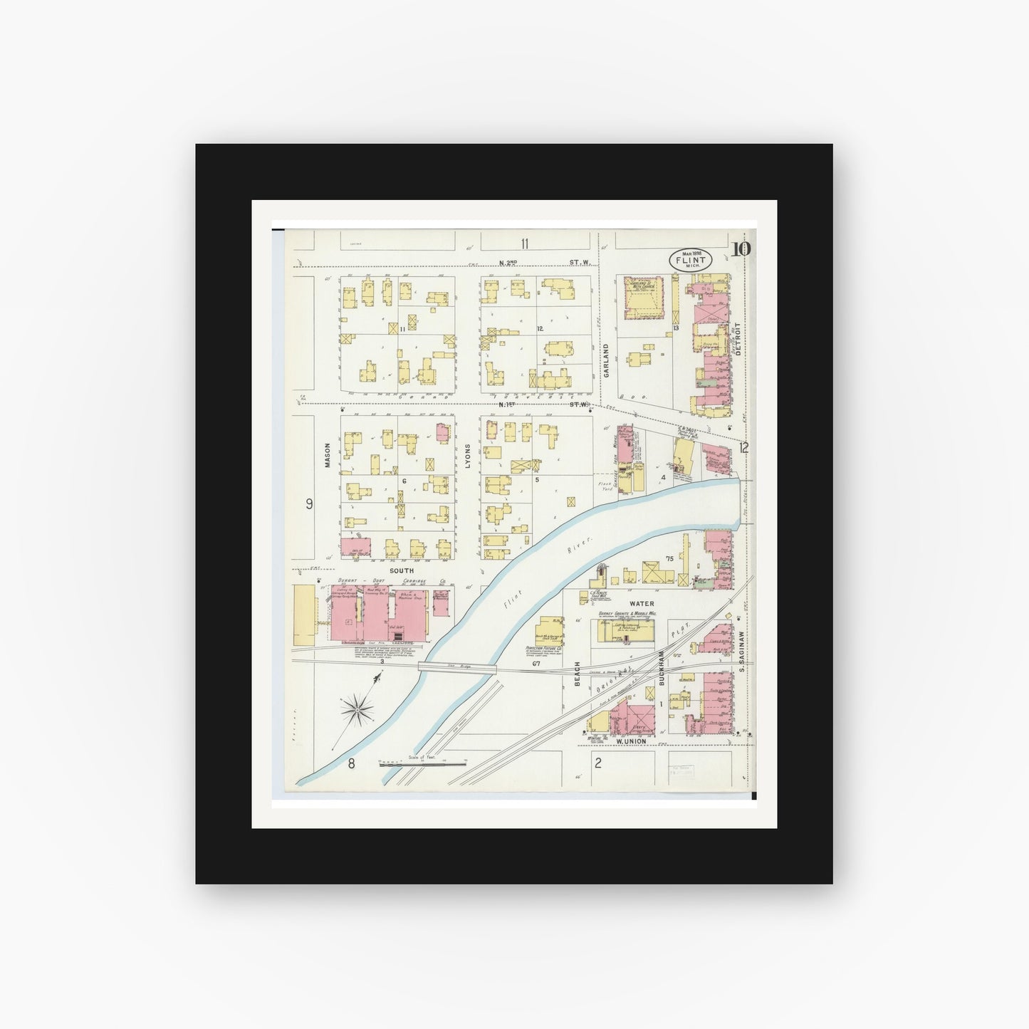 Old map wall art mockup — black gallery frame with white mat — Sanborn Fire Insurance Map from Flint, Genesee County, Michigan (1898), Sheet #0010