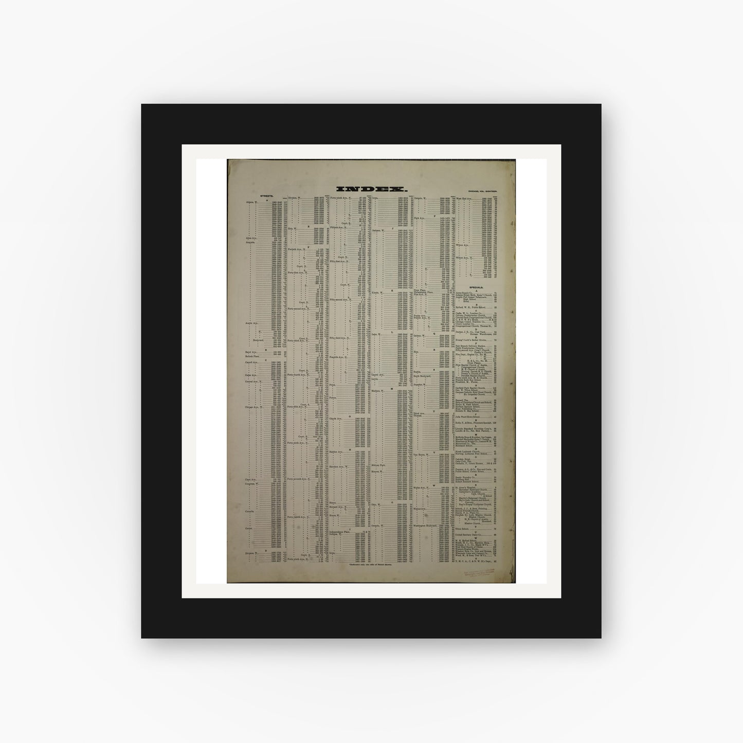 Old map wall art mockup — black gallery frame with white mat — Sanborn Fire Insurance Map from Chicago, Cook County, Illinois (1908), Sheet #0001