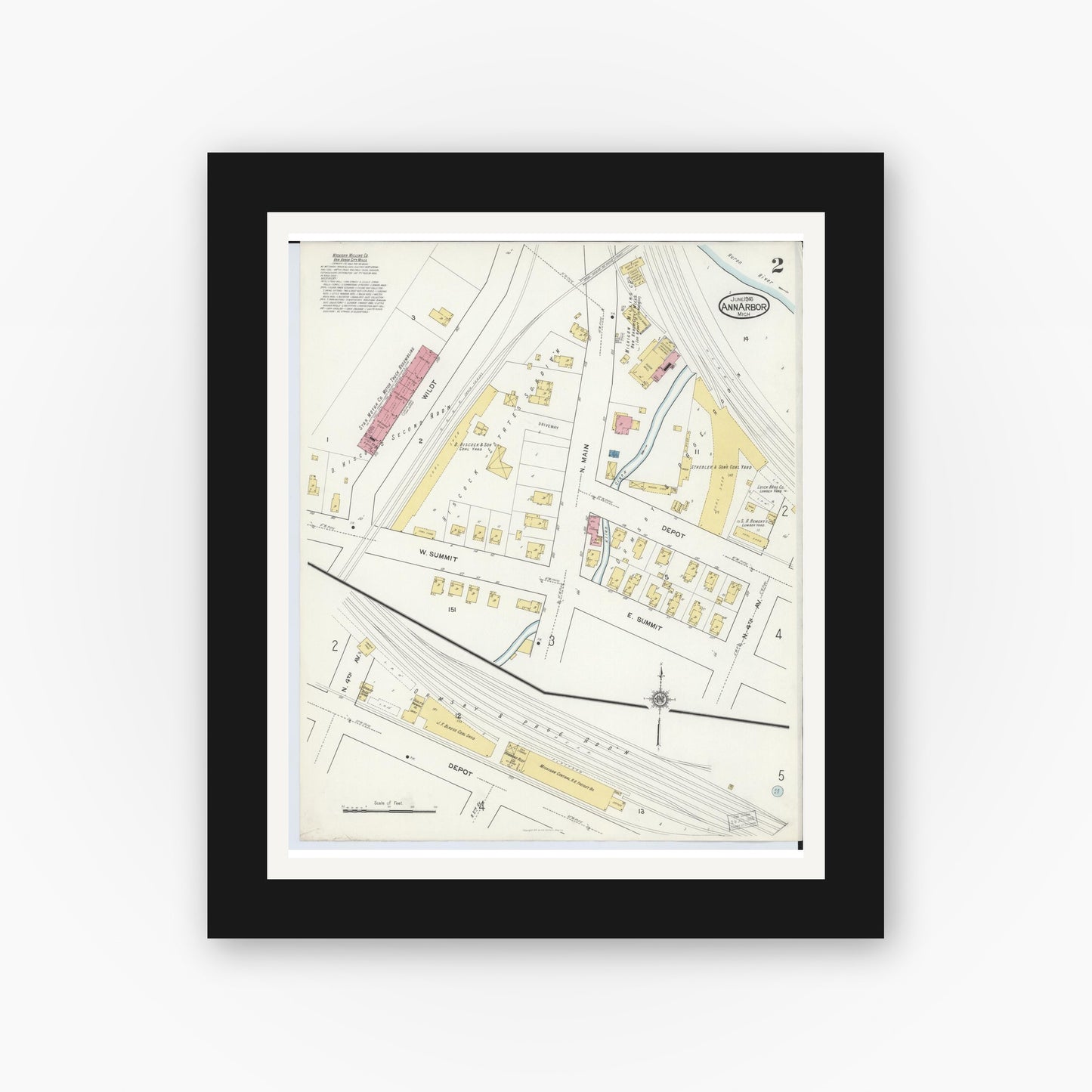 Old map wall art mockup — black gallery frame with white mat — Sanborn Fire Insurance Map from Ann Arbor, Washtenaw County, Michigan (1916), Sheet #0002