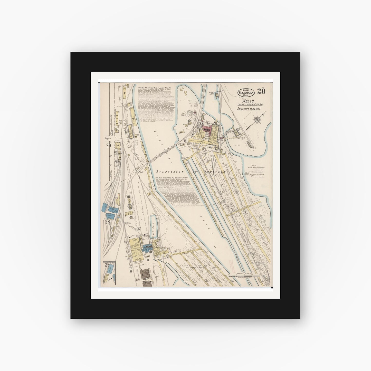 Old map wall art mockup — black gallery frame with white mat — Sanborn Fire Insurance Map from Escanaba, Delta County, Michigan (1921), Sheet #0028