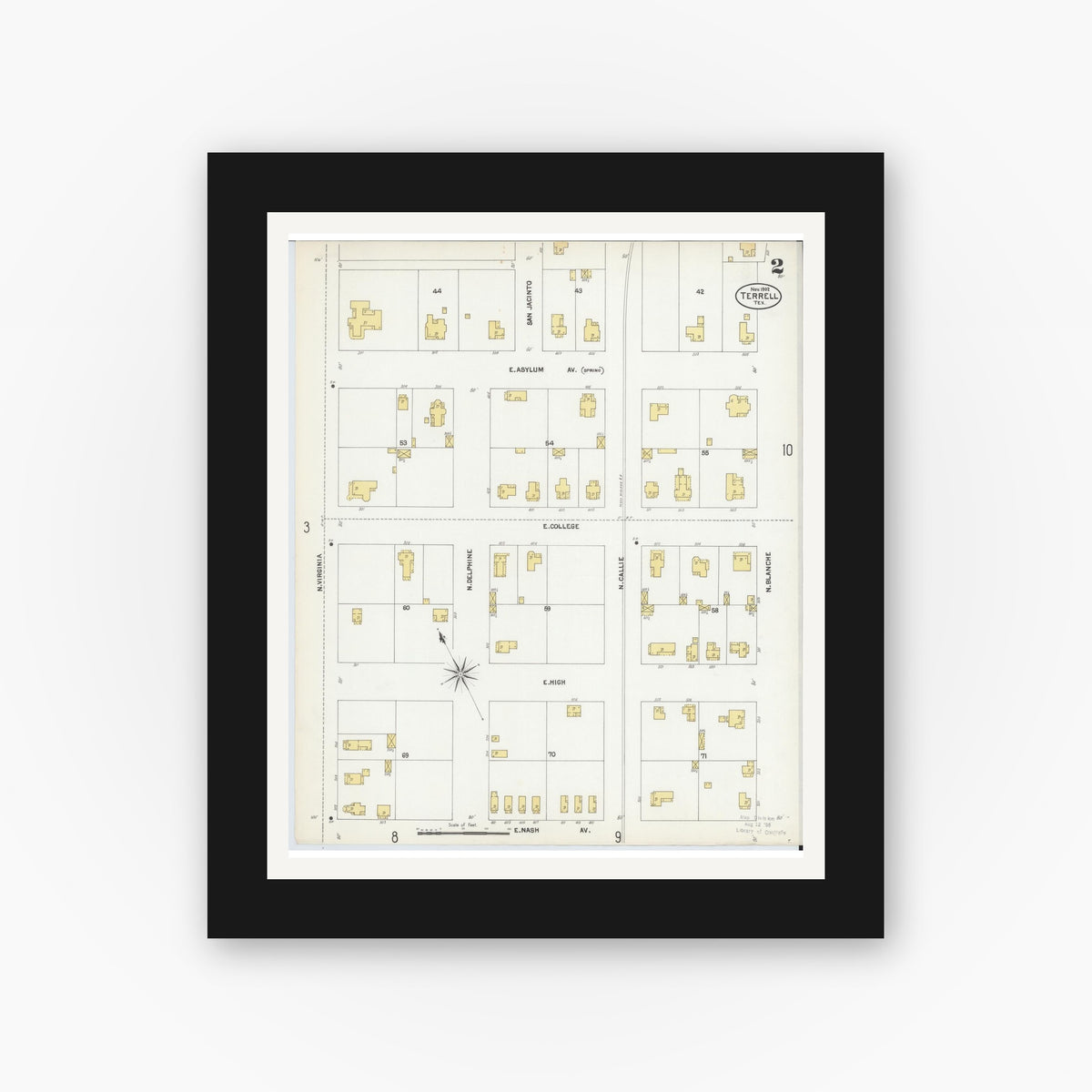 Old map wall art mockup — black gallery frame with white mat — Sanborn Fire Insurance Map from Terrell, Kaufman County, Texas (1902), Sheet #0002