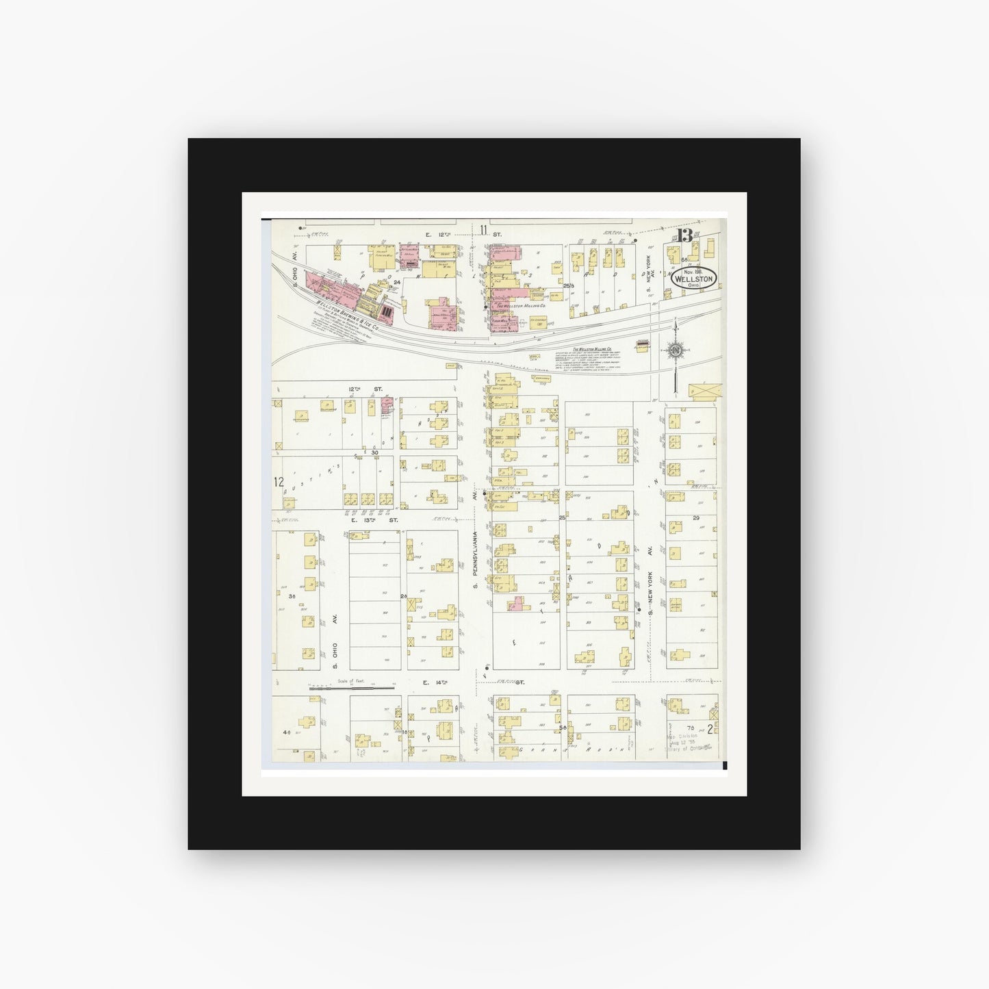 Old map wall art mockup — black gallery frame with white mat — Sanborn Fire Insurance Map from Wellston, Jackson County, Ohio (1911), Sheet #0013