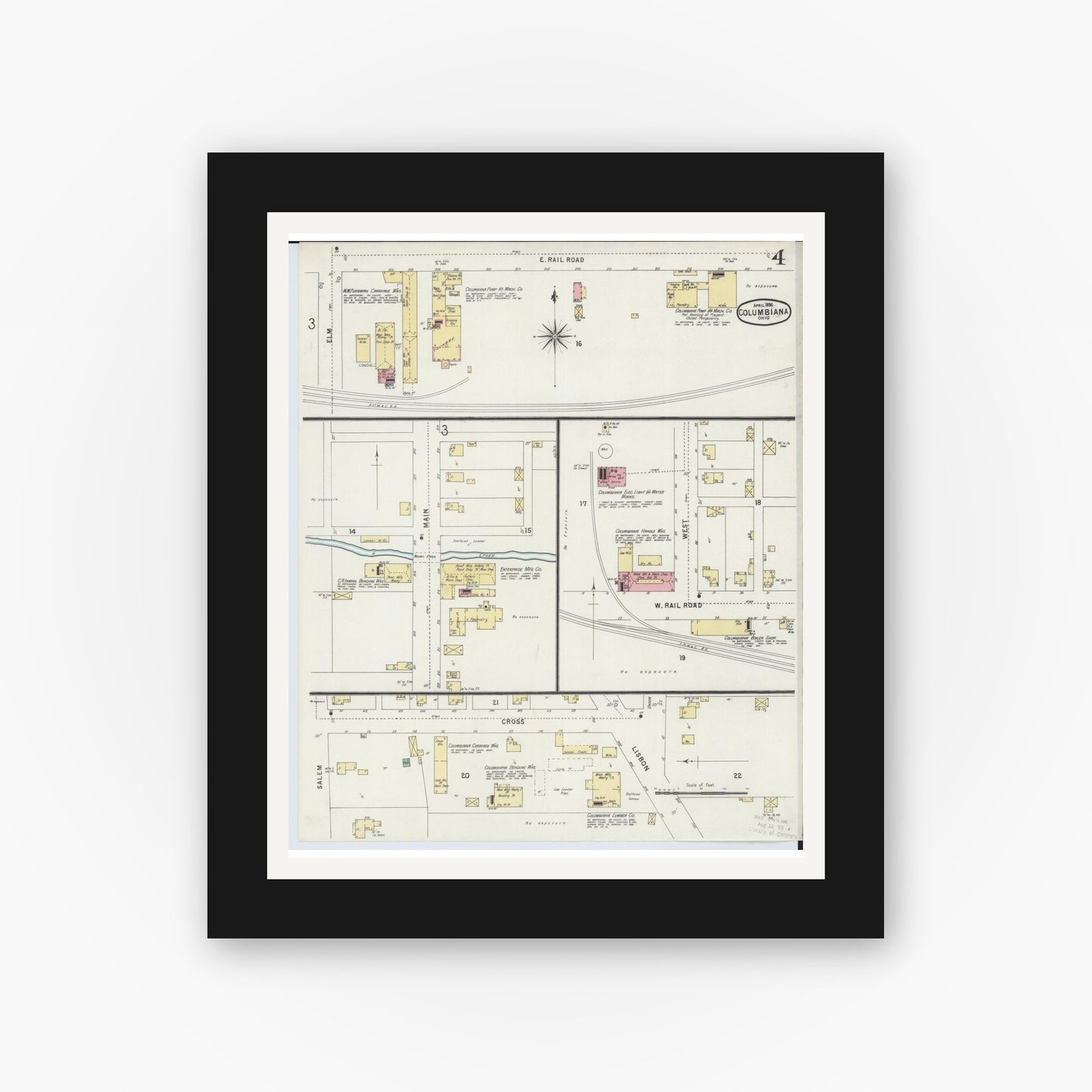 Old map wall art mockup — black gallery frame with white mat — Sanborn Fire Insurance Map from Columbiana, Columbiana County, Ohio (1896), Sheet #0004