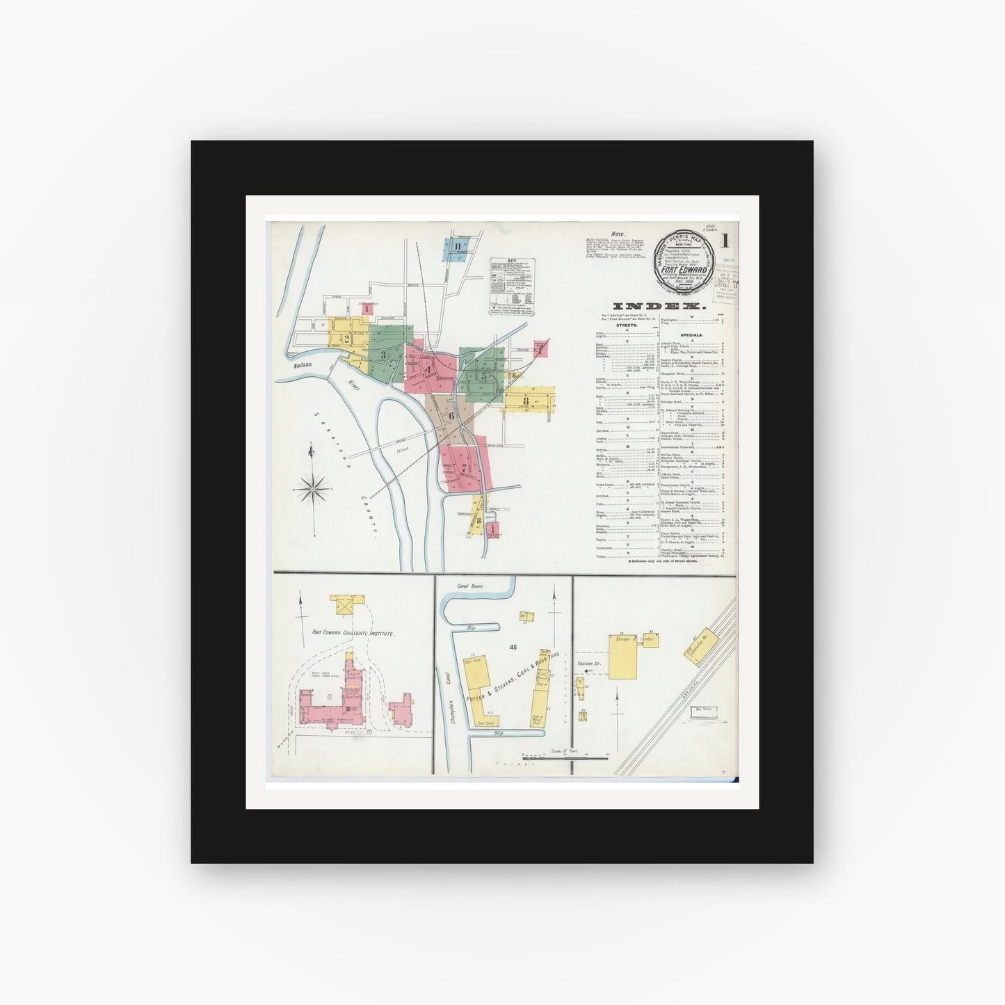 Old map wall art mockup — black gallery frame with white mat — Sanborn Fire Insurance Map from Fort Edward, Washington County, New York (1900), Sheet #0001