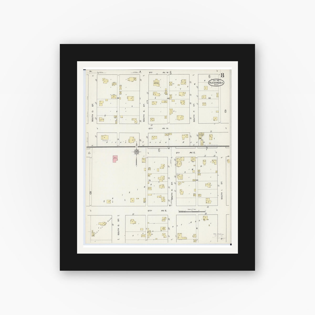 Old map wall art mockup — black gallery frame with white mat — Sanborn Fire Insurance Map from Alexandria, Douglas County, Minnesota (1914), Sheet #0008
