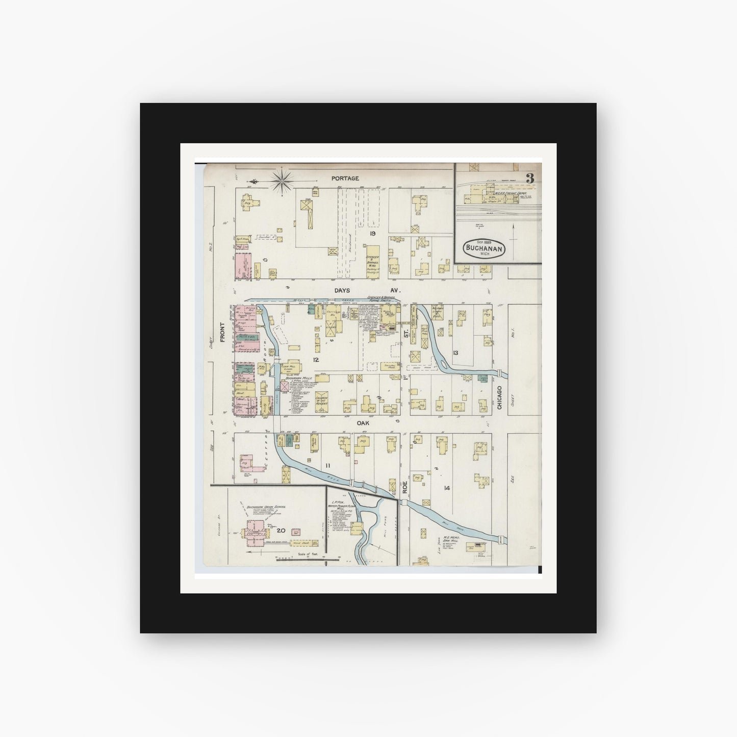 Old map wall art mockup — black gallery frame with white mat — Sanborn Fire Insurance Map from Buchanan, Berrien County, Michigan (1889), Sheet #0003
