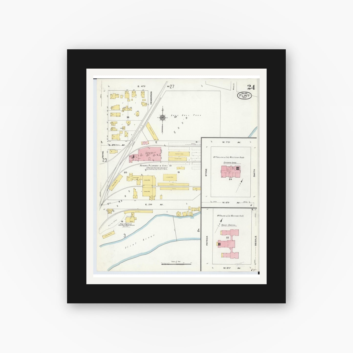 Old map wall art mockup — black gallery frame with white mat — Sanborn Fire Insurance Map from Flint, Genesee County, Michigan (1909), Sheet #0024