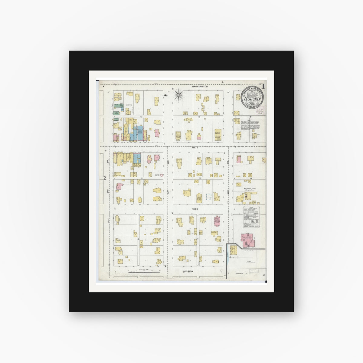 Old map wall art mockup — black gallery frame with white mat — Sanborn Fire Insurance Map from Pecatonica, Winnebago County, Illinois (1904) - Complete Map Set
