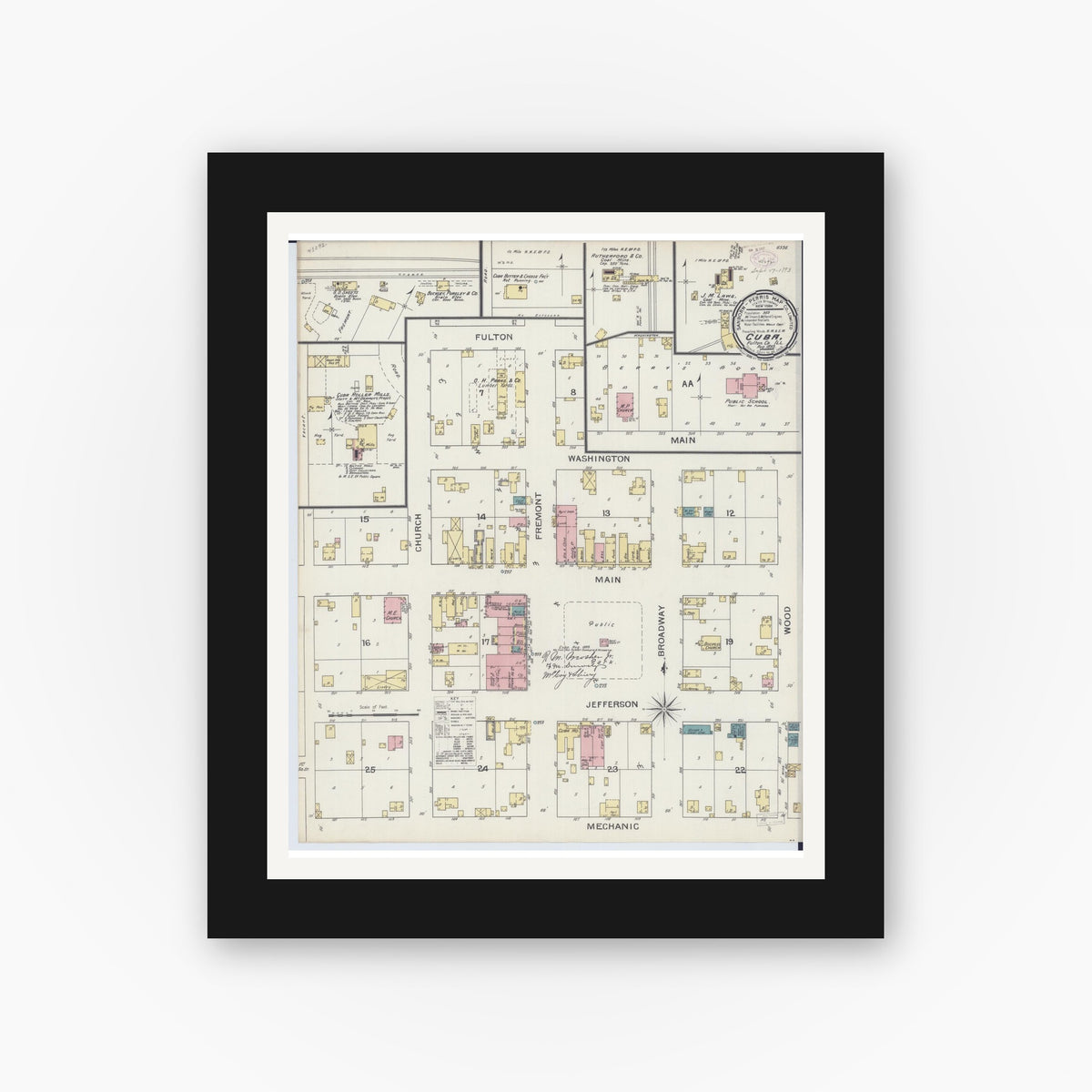 Old map wall art mockup — black gallery frame with white mat — Sanborn Fire Insurance Map from Cuba, Fulton County, Illinois (1893), Sheet #0001