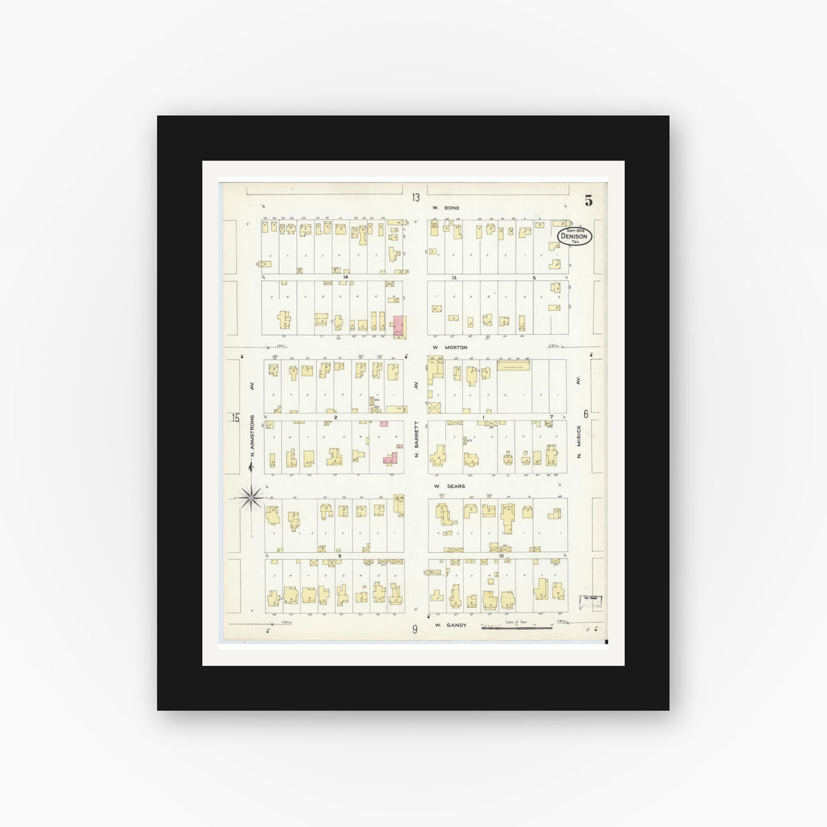 Old map wall art mockup — black gallery frame with white mat — Sanborn Fire Insurance Map from Denison, Grayson County, Texas (1908), Sheet #0005