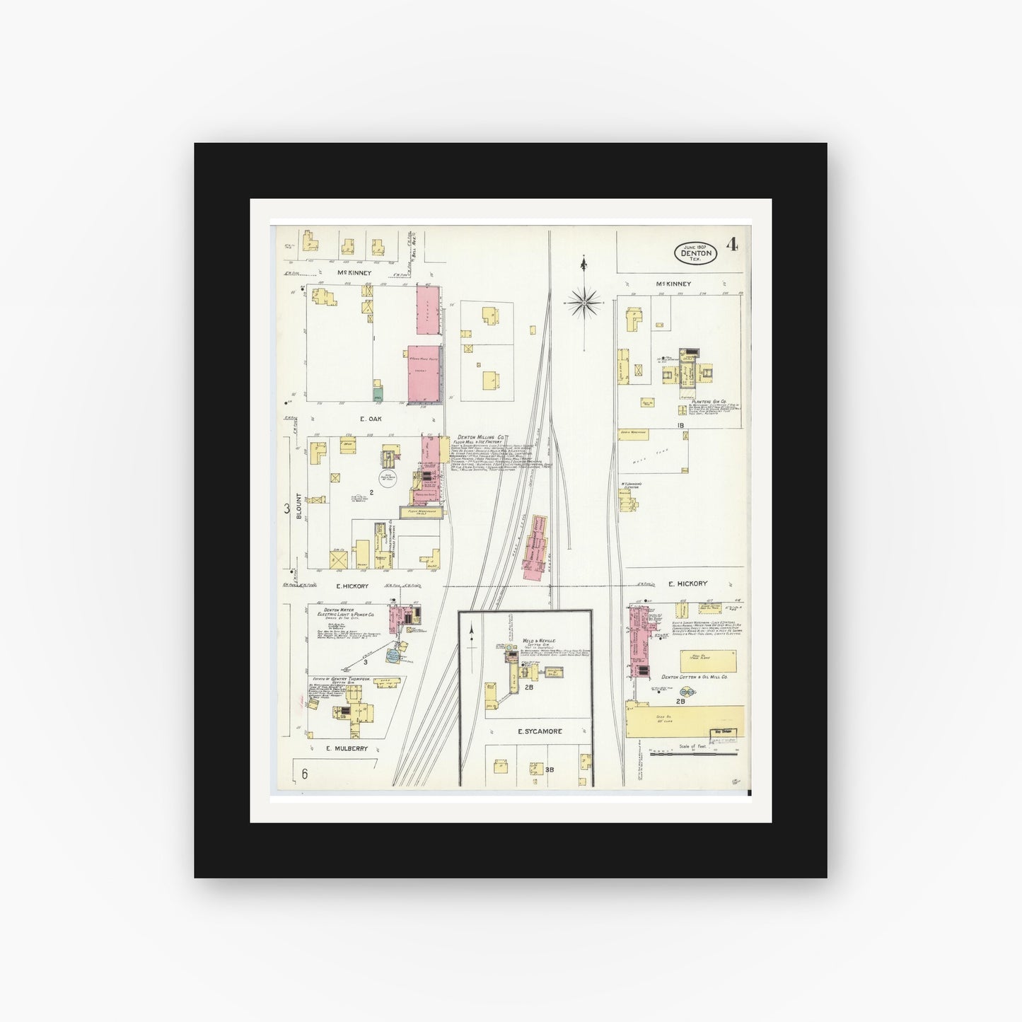 Old map wall art mockup — black gallery frame with white mat — Sanborn Fire Insurance Map from Denton, Denton County, Texas (1907), Sheet #0004