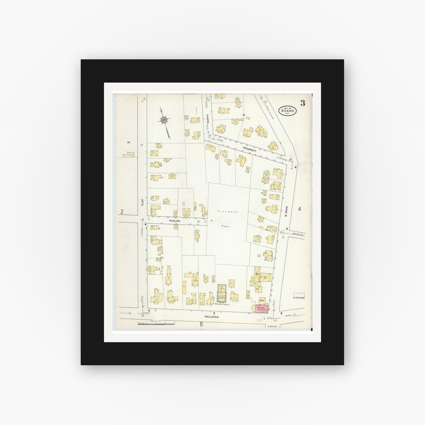 Old map wall art mockup — black gallery frame with white mat — Sanborn Fire Insurance Map from Adams, Jefferson County, New York (1911), Sheet #0003