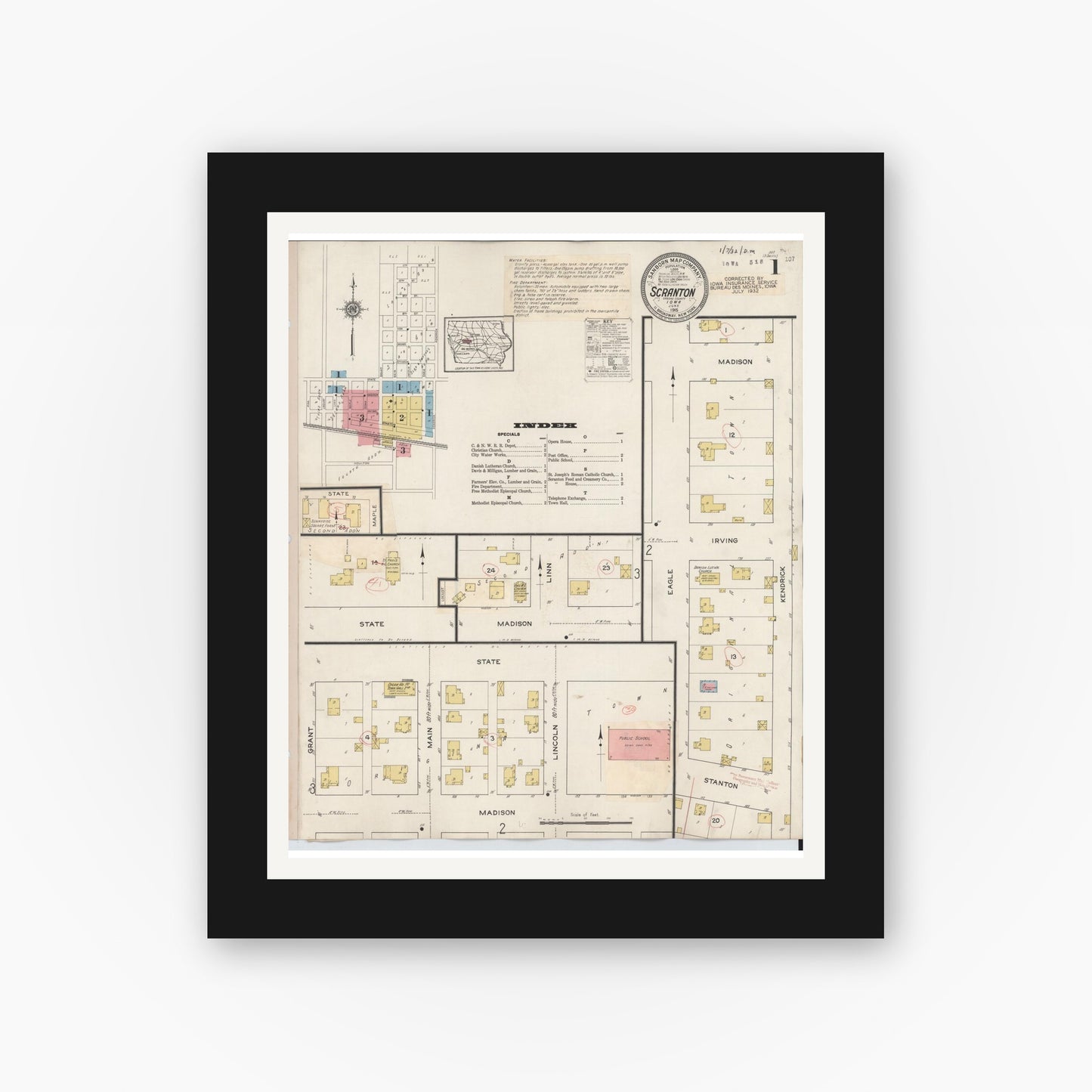 Old map wall art mockup β black gallery frame with white mat β Sanborn Fire Insurance Map from Scranton, Greene County, Iowa (1932), Sheet #0001