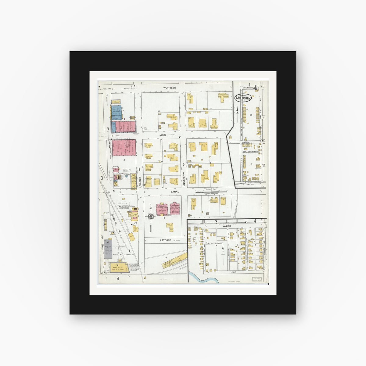 Old map wall art mockup — black gallery frame with white mat — Sanborn Fire Insurance Map from Mulberry, Polk County, Florida (1919), Sheet #0004