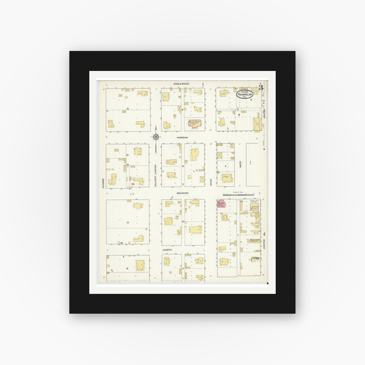 Old map wall art mockup — black gallery frame with white mat — Sanborn Fire Insurance Map from Franklin, Robertson County, Texas (1916), Sheet #0003