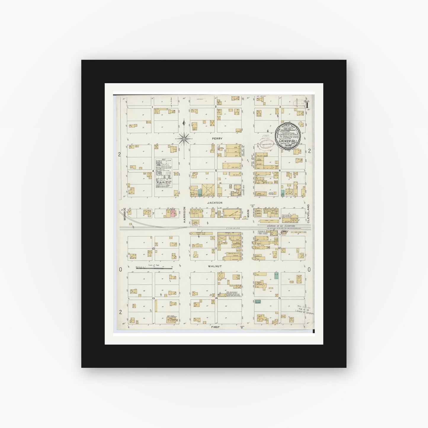 Old map wall art mockup — black gallery frame with white mat — Sanborn Fire Insurance Map from Grover Hill, Paulding County, Ohio (1899) - Complete Map Set