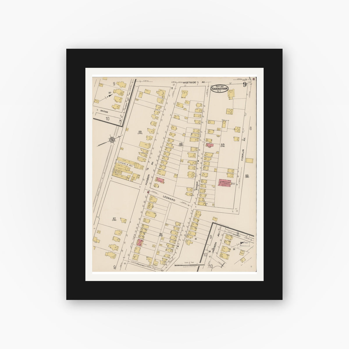 Old map wall art mockup — black gallery frame with white mat — Sanborn Fire Insurance Map from Haverstraw, Rockland County, New York (1921), Sheet #0009