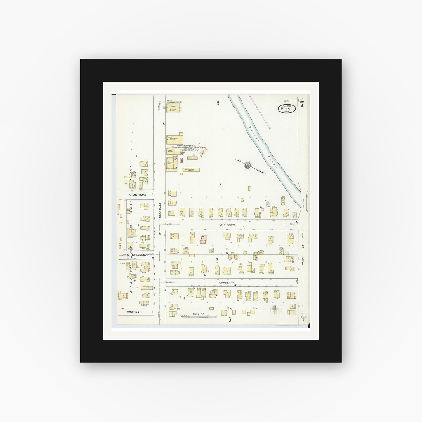 Old map wall art mockup — black gallery frame with white mat — Sanborn Fire Insurance Map from Flint, Genesee County, Michigan (1909), Sheet #0007